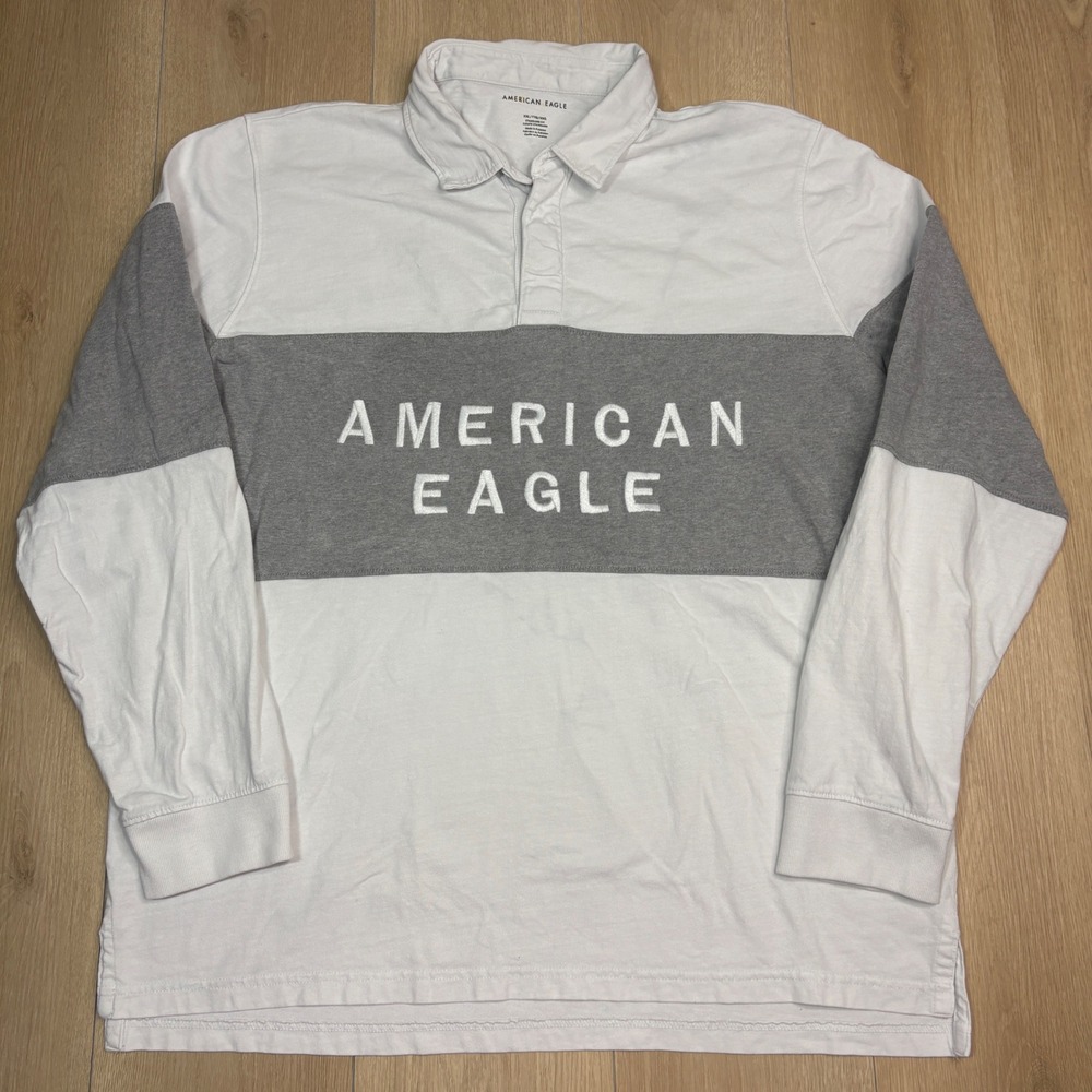 American Eagle Mens XXL Rugby Shirt Long Sleeve Colorblock Grey White Logo Polo